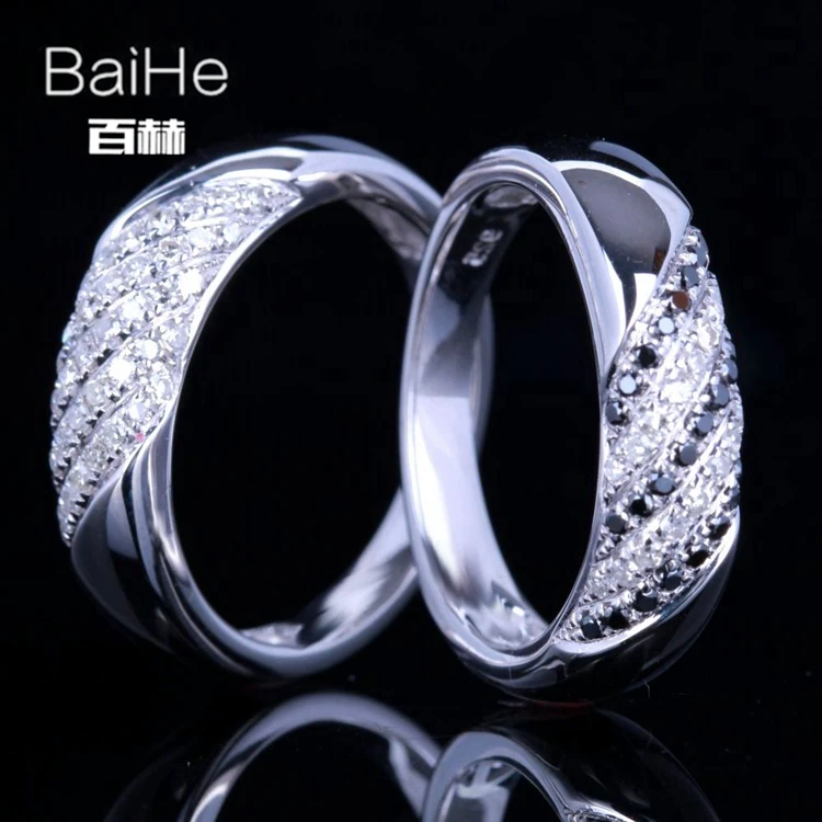 BAIHE Solid 14 K белое золото(AU585) 0.6CT сертифицированное H/SI круглое натуральное бриллиантовое черное бриллиантовое свадебное тонкое Ювелирное кольцо