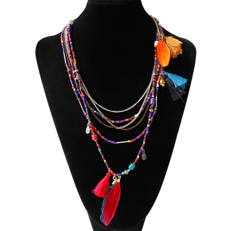2018 Этническая колье-чокер в богемном стиле для женщин Многослойные Бусины перо