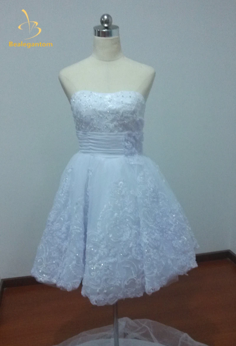 

Bealegantom New Elegant Short White Lace Wedding Dresses 2019 Appliques Beaded Bridal Gowns Robe De Mariee QA1195