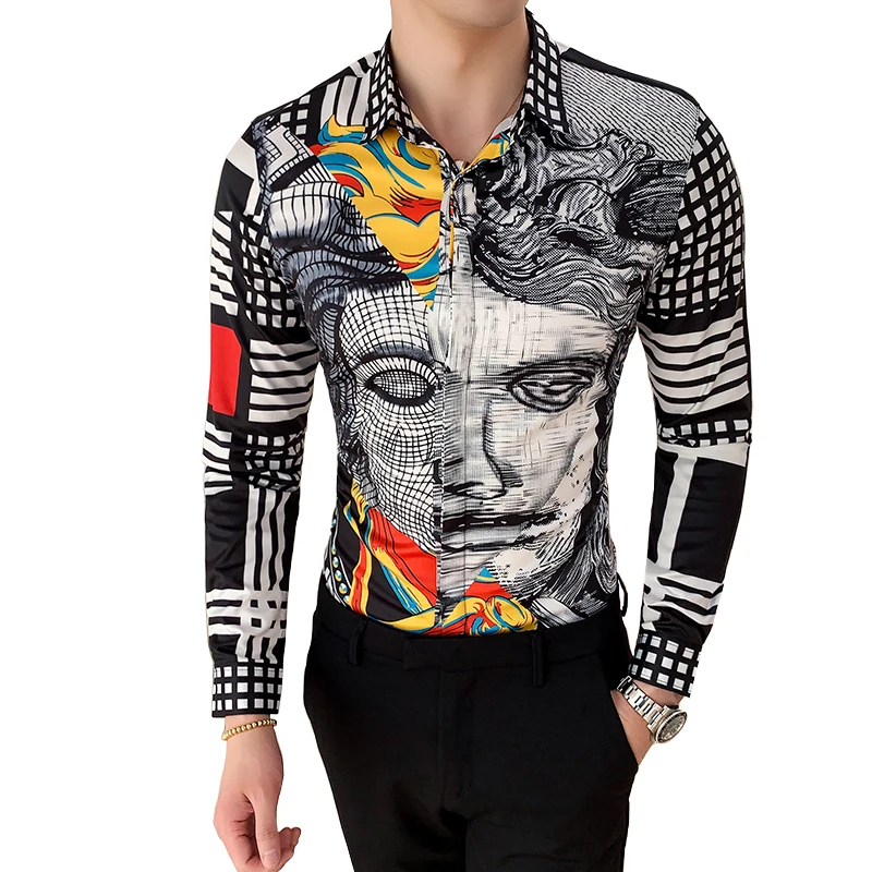 

6XL 19 Colour Fashion Boutique Print Casual Slim Fit Mens Long-sleeved Shirt / High-end Social Brand Social Men Club Prom Shirt