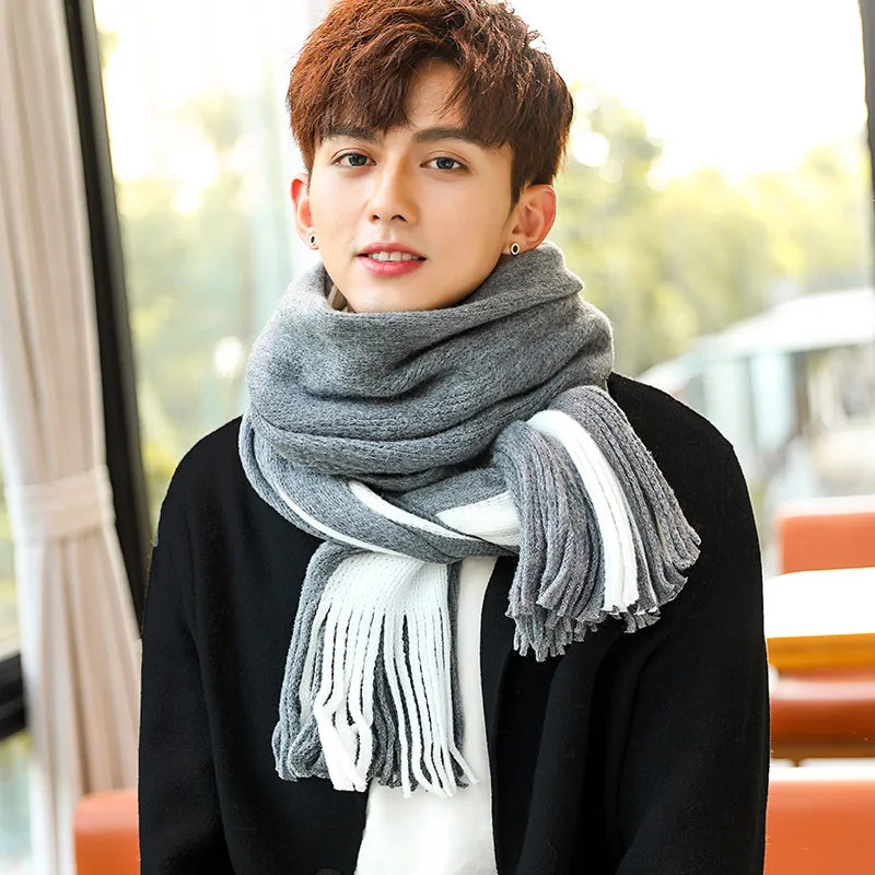 Шарф мужской Striola сине-серый кашемировый вискозный клетчатый 200*40 зимнее теплое длинное платок с бахромой мужские оберточки аксессуары.