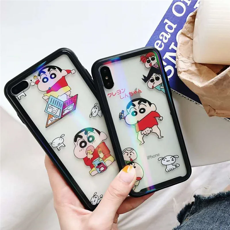 Crayon Shin-chan Japan Cartoon Colorful Light Hollow Clear Cases For iPhone X 6s Plus 7 8 Tempered Glass &amp TPU Phone Covers |