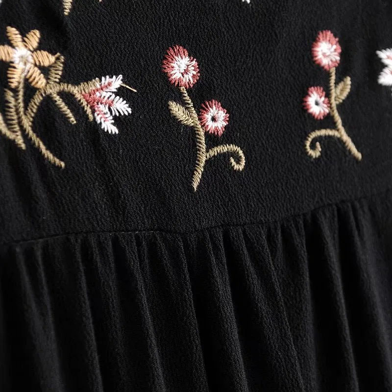 Bella Philosophy 2018 winter women loose dress female three quarter above knee embroidery black cotton | Женская одежда