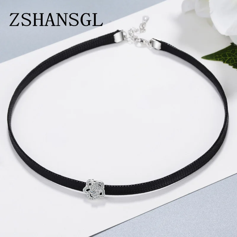 Простые черные кожаные чокеры на цепочке подвеска в виде розы ожерелье для