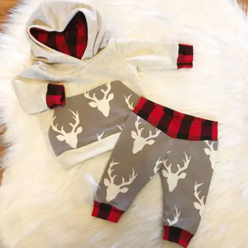 2018 2pcs Autumn Clothes Newborn Baby Boy Plaid Patchwork Long Sleeve Hooded Sweatshirt Tops Cartoon Deer Pants Outfit Set |