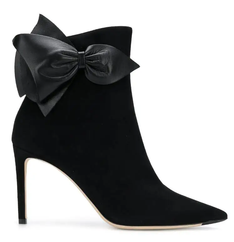 

2019 Women Suede high heel ankle boots brand pointed toe shoes Black Leather bow tie HEELED BOOTIE size 35-43