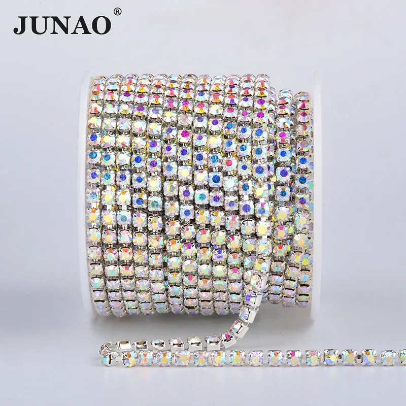 JUNAO SS6 SS12 SS16 SS18 Золотая основа AB Стразы цепочка для шитья стеклянная бахрома