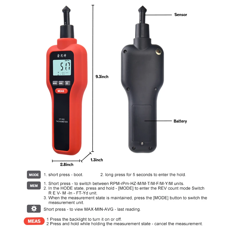 Hti Digital Tachometer 2 in 1 Non-Contact& Contact Tach Rotation Speed Measurement RPM Meter HT-522