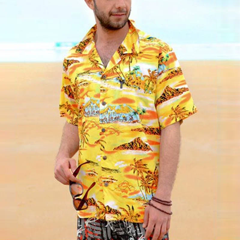 Брендовые желтые мужские рубашки Camisa, футболка с цветочным рисунком, пляжная одежда, короткий рукав, воротник с лацканами, свободная пуговица, гавайская мужская одежда