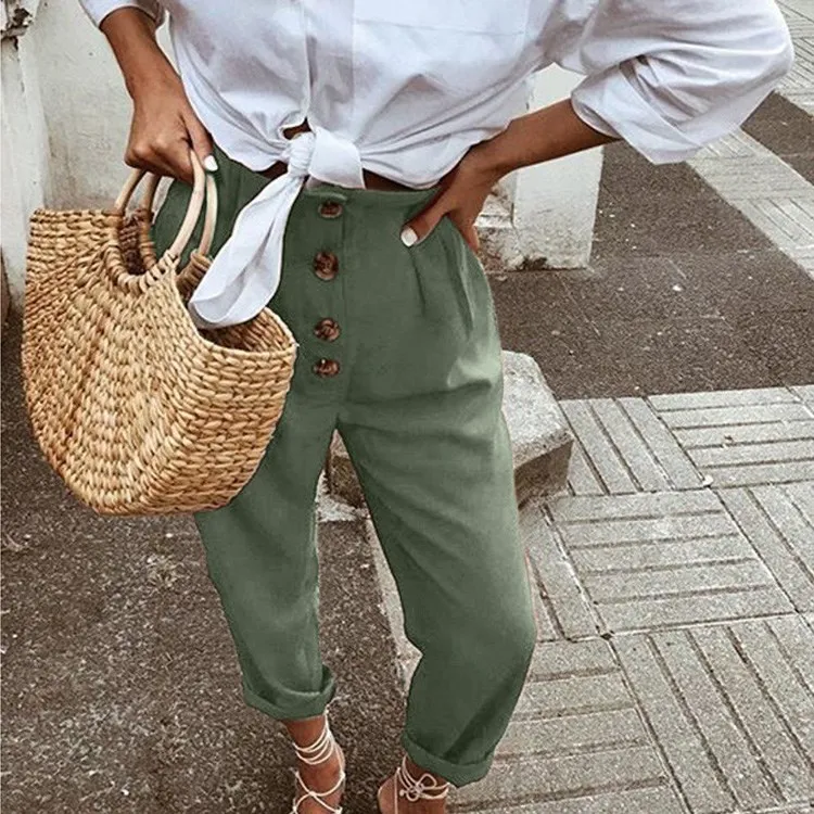 Женские шаровары из хлопка и льна повседневные с высокой талией пуговицами