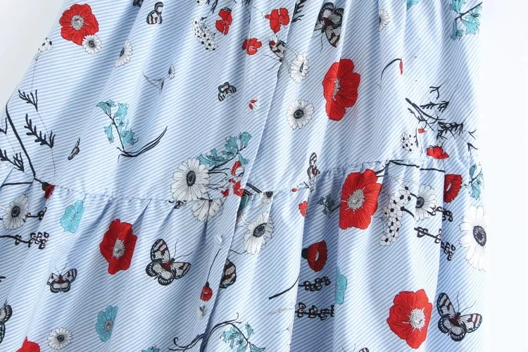 

Floral Printed Blue Striped Ruffles Skirts Women Nice Summer Fashion Buttons Skirts Women Elegant Print Female Skirt Ladies