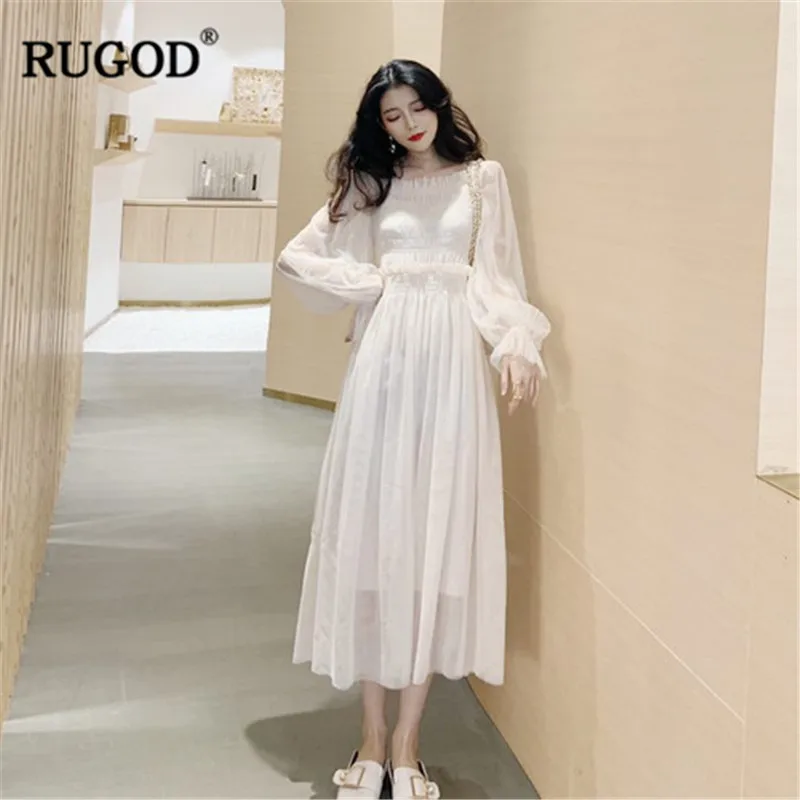 RUGOD винтажное женское платье с поясом, длинные рукава, до середины икры, корейский стиль, элегантное, с вырезом лодочкой, весна, повседневное, femme vestido verano