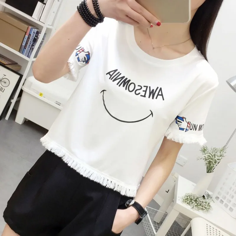 2019 летняя Милая футболка с буквенным принтом женская бахромой топы круглым