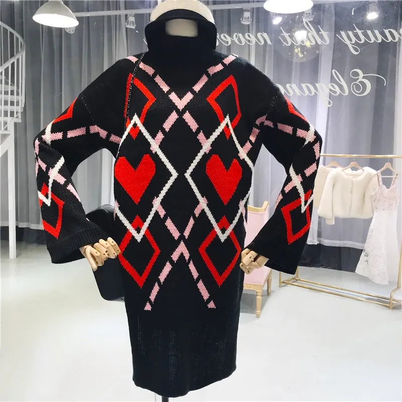 2018 осень-зима платье Для женщин модный свитер Sweet Heart Argyle водолазка вязаный