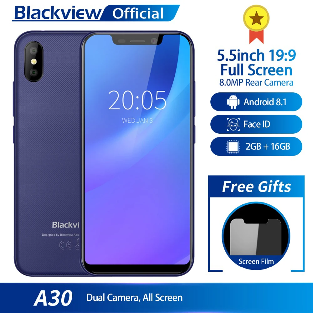 Blackview A30, 5,5 дюймов, 19:9, полный экран, 3G, смартфон, 2 Гб ОЗУ, 16 Гб ПЗУ, четырехъядерный процессор MTK6580A, Android 8,1, МП, задняя камера, мобильный телефон