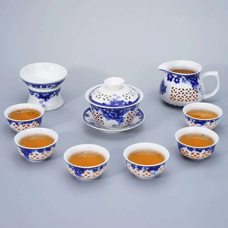 Изысканный чайный набор голубого и белого цвета 1 Gaiwan 6 чашек чайник с сотовой