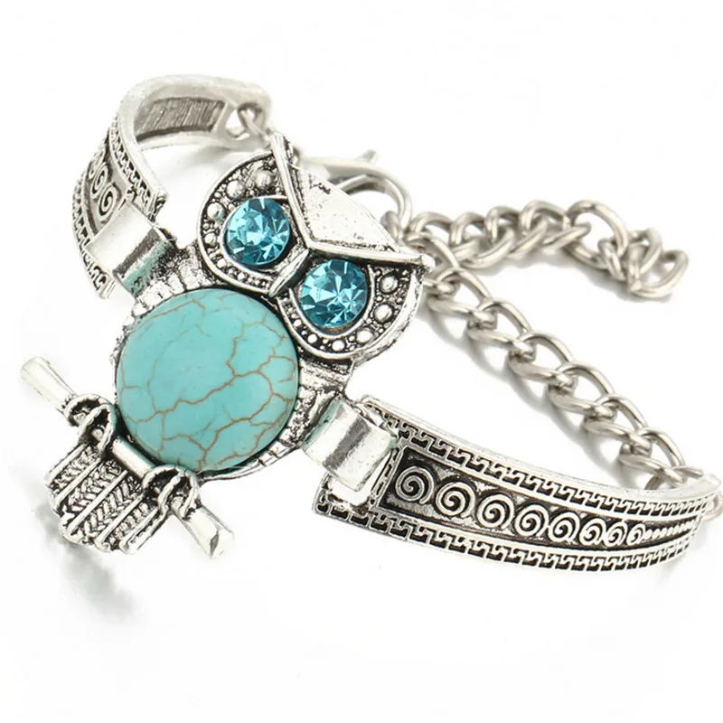 Bohemia Antique Silver Plated Turquoise Rhinestone Owl Bracelets For Women Vintage Fashion Jewelry Charms Bangles SACJ2885 | Украшения и