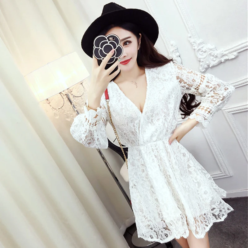 spring style Women's Clothing hollow out sexy lace dress fashion woman balck perspective party dresses vestidos femininos new | Женская