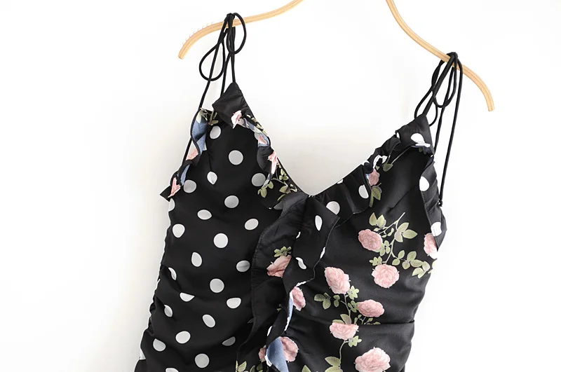 Vintage summer print dress black deep v neck patchwork slim waist backless ruffles high waist strap short beach dress festa