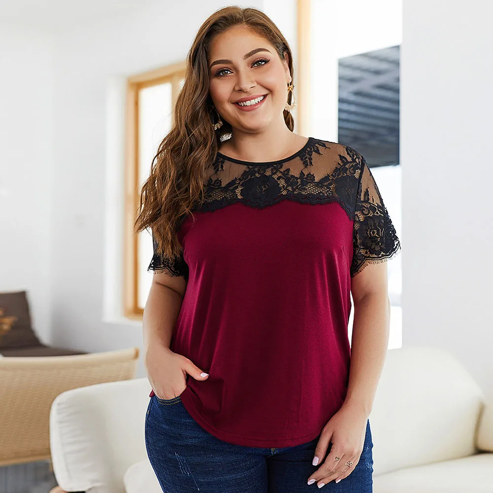 Блузка женская кружевная с коротким рукавом большого размера 3XL 4XL 2019 | Женская