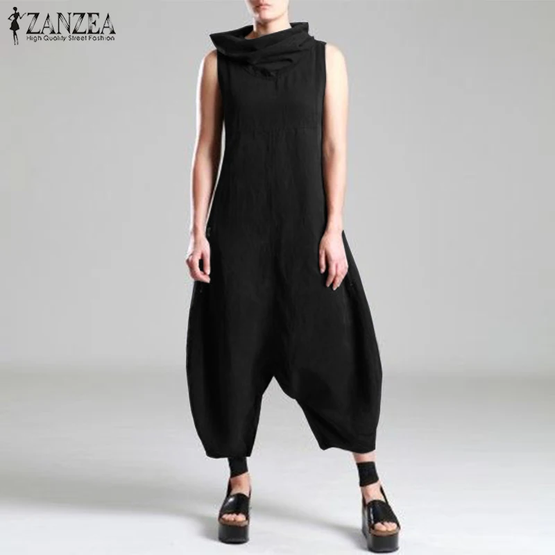 Женские комбинезоны ZANZEA, повседневный длинный комбинезон, Стильный комбинезон с высоким воротом, штаны-шаровары с заниженным шаговым швом, Комбинезоны Macacao Feminino, большие размеры