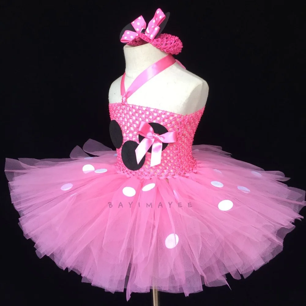 Cute Girls Pink Cartoon Tutu Dress Baby 2Layers Crochet Tulle with White Dots and Flower Headband Kids Party Cosplay | Детская одежда и