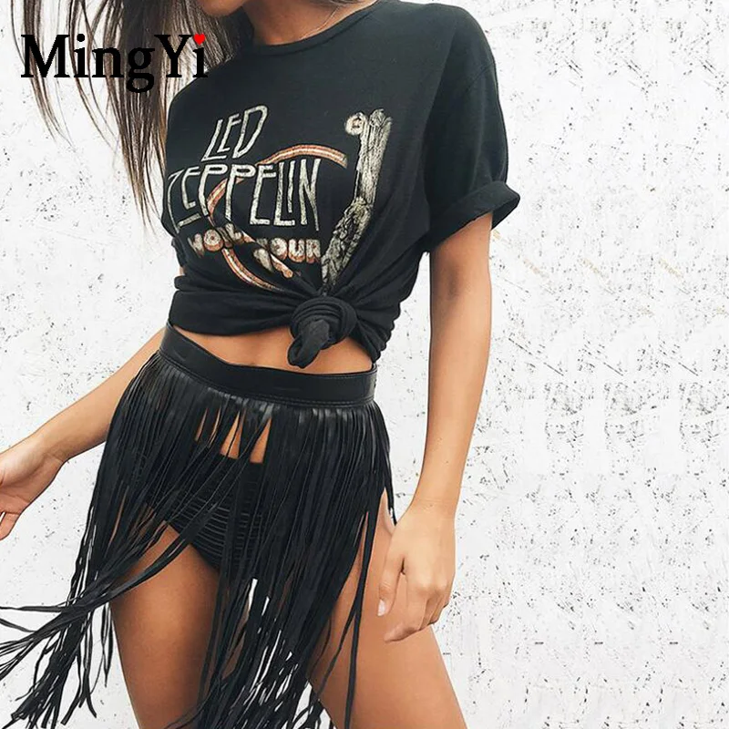 Кожаная юбка с бахромой Черная Женская сексуальная ремешком на талии кисточками