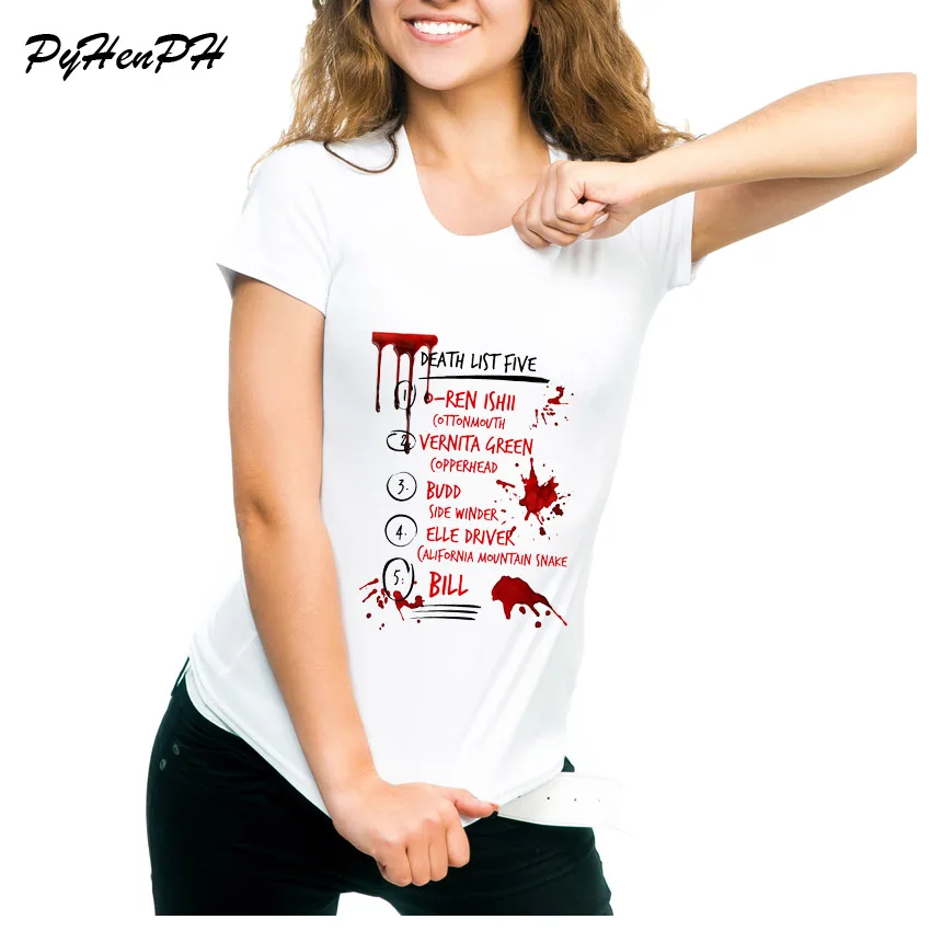 Kill Bill Bloody Death List футболка с принтом для женщин Kill Bill Death List дизайнерская футболка женская футболка тенниска хипстерские футболки