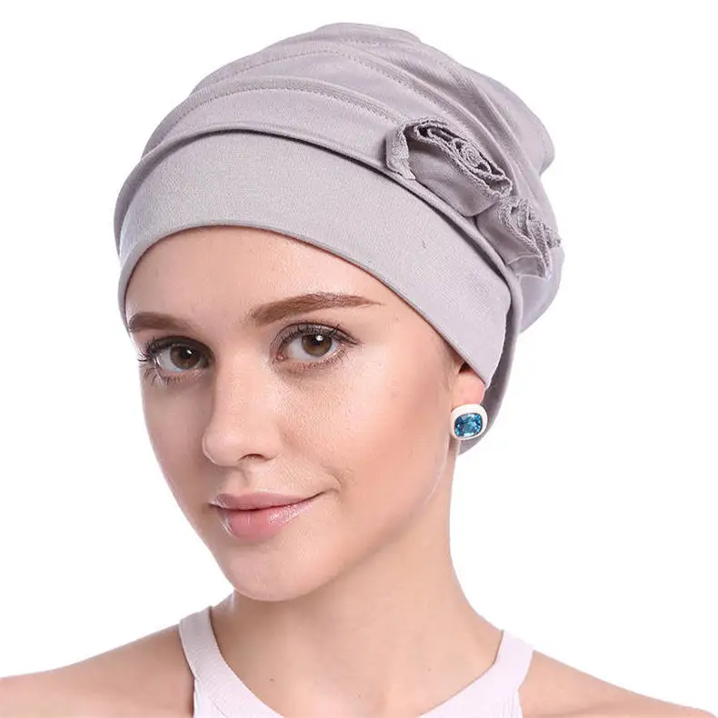 grey AWAYTR, 1 шт., женские модные банданы, осенне-зимний шарф, эластичная повязка на голову, тюрбан с цветком, шапка, мусульманские украшения для волос - Цвет: grey