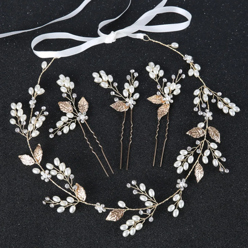 

New 4pcs Vintage Gold Color Bride Hair Jewelry Pearl Headband For Wedding Hair Accessorie Women Crystal Pearl Hairpins Headpiece