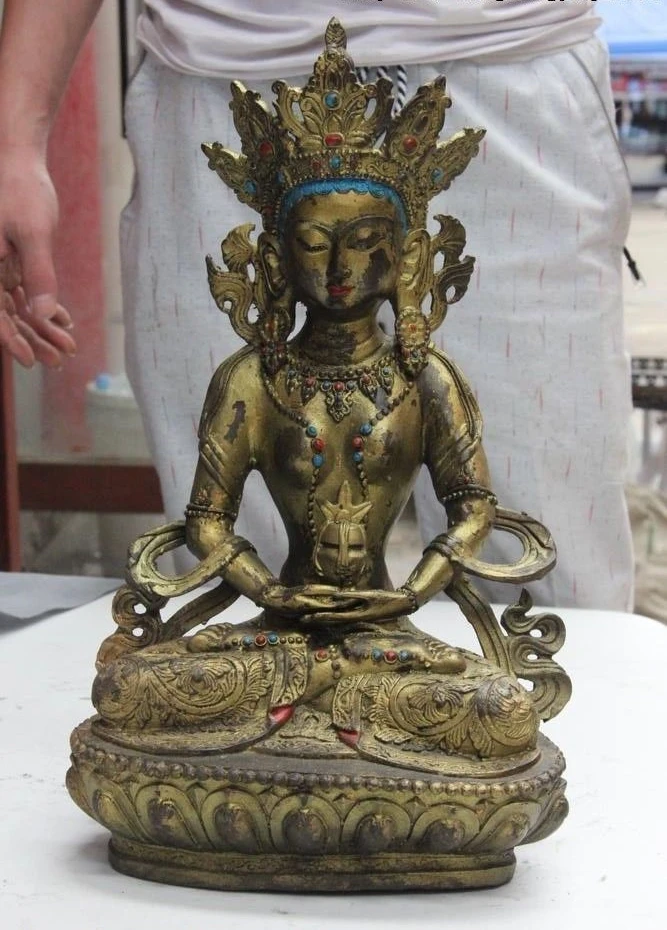 Тибетская Храмовая бронзовая фигурка медная долговечность Amitayus Kwan-Yin статуя