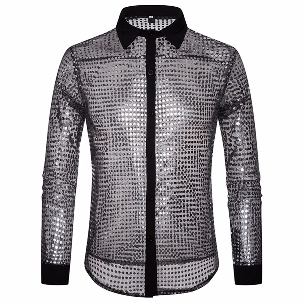 Мужские Hipster Clubwear золото рубашки Slim Fit с длинным рукавом пикантные Повседневная