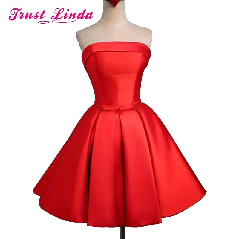 

Red Satin Short Bridesmaid Dresses Strapless Prom Dress