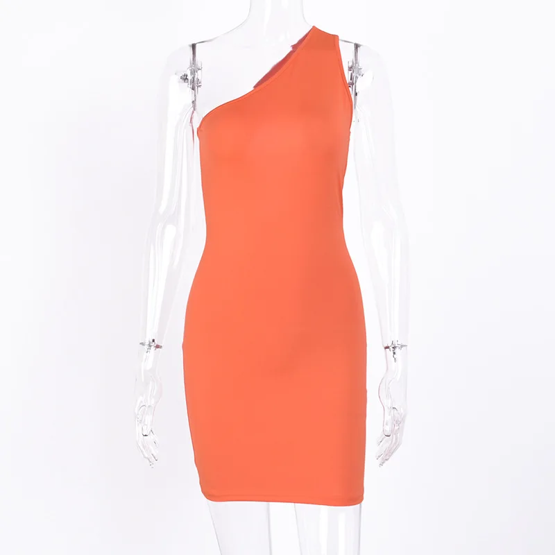 Женское облегающее платье ZOGAA зеленое/оранжевое средней длины на одно плечо для