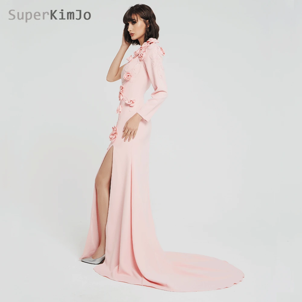 SuperKimJo 2019 Abendkleider розовые вечерние платья на одно плечо Длинные 3D цветы вышитые