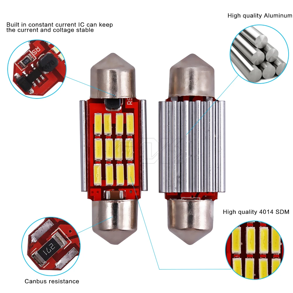 50 шт./лот светодиодная гирлянда 36 мм 39 41 купольная лампа 12SMD 4014 CANBUS для салона