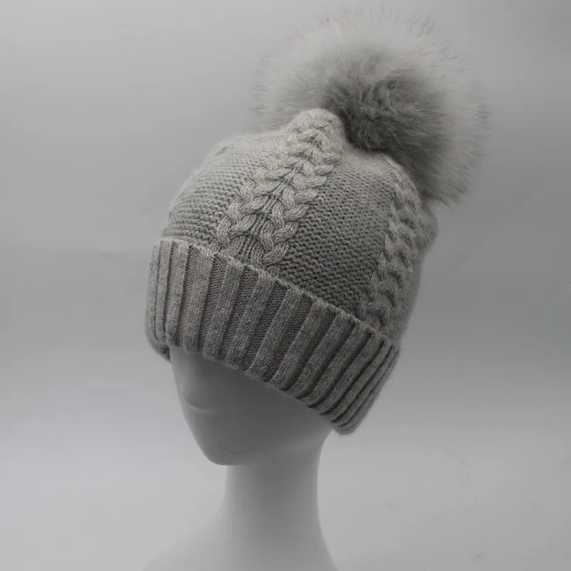 Женские шерстяные шапки Skullies шапочки 15 см с помпоном из лисьего меха женские