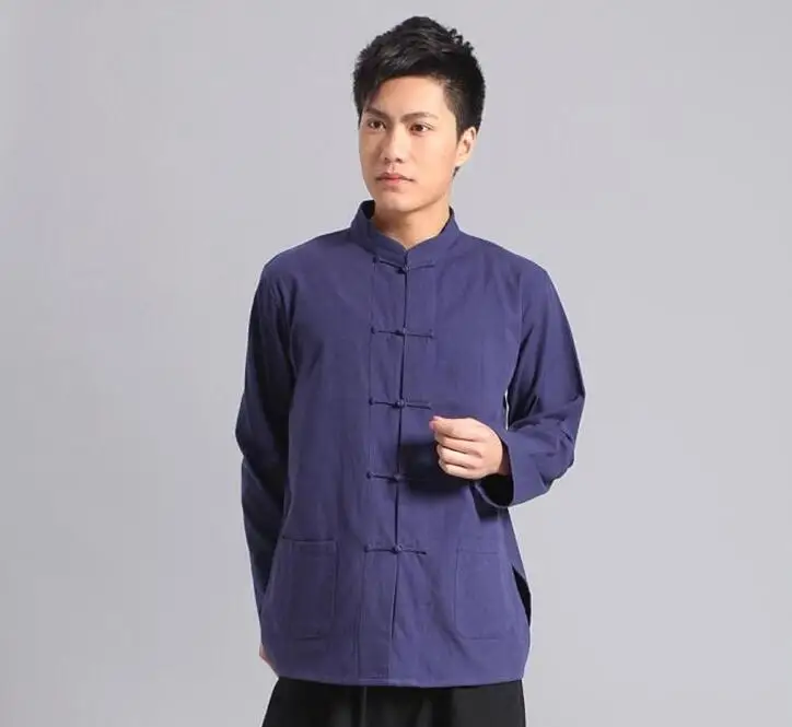 Китайский с длинным рукавом Хлопок Стиль Мужская Кунг-Повседневная рубашка