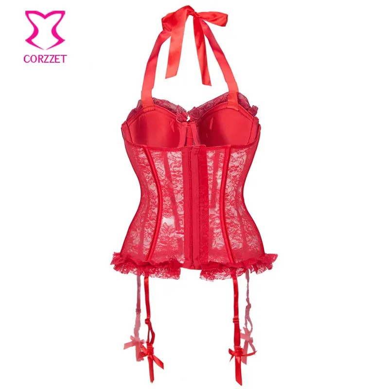 Corzzet Red Lace Halter Sexy Lingerie Bustiers Overbust Corset With G-String Babydoll Transparent Shaperwear Slimming | Женская одежда