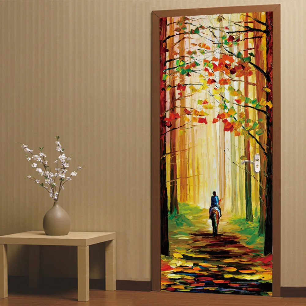 2 Panels Riding Horse In Spring Woods Way Wall Murals Stickers Door Sticker Wallpaper Decals Home Decoration | Дом и сад