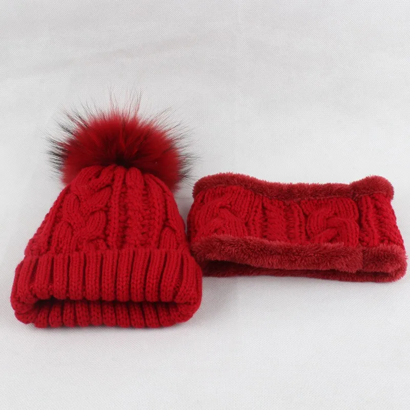 

Baby Thick Acrylic Neck Rings and Beanies Hats Sets Child Real 15CM Raccoon Fur Pom Pom LF5158