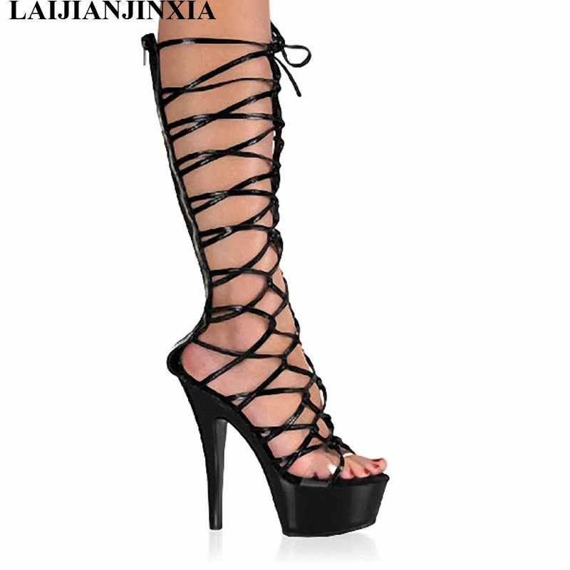 LAIJIANJINXIA Strap cutout temptation princess comfortable thin heel 15cm medium-leg boots high-heeled shoes 6 inch Dance Shoes