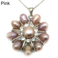 18 inches flower style 6 7mm natural pink rice pearl zirconia 925 sterling silver pendent necklace