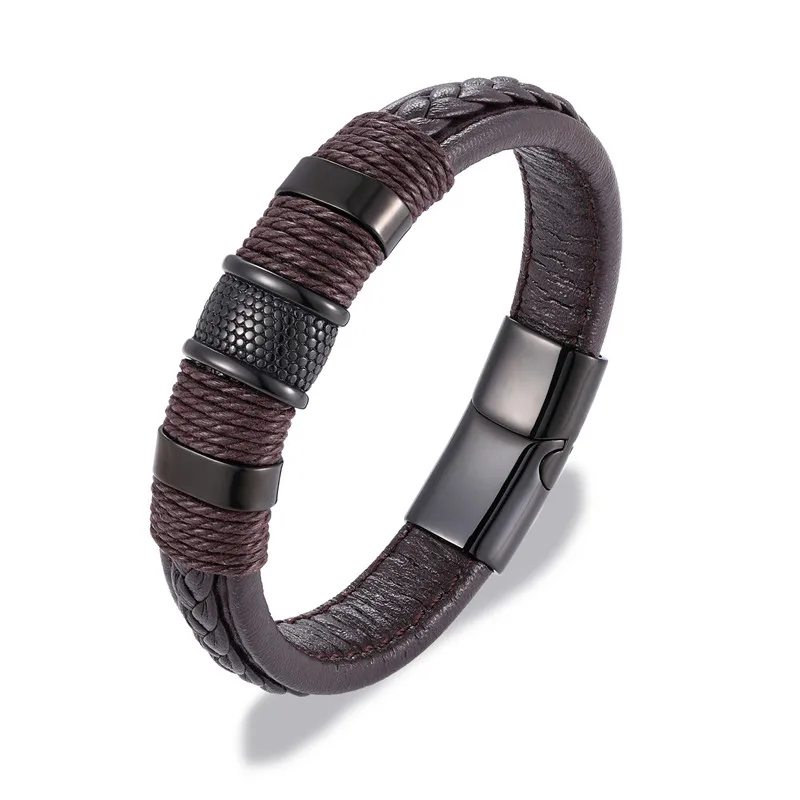 

MKENDN Brand Multilayer Braid Genuine Leather Bracelet Titanium Stainless Steel Magnetic Buck Bracelet Men Woven Bangle Pulseras