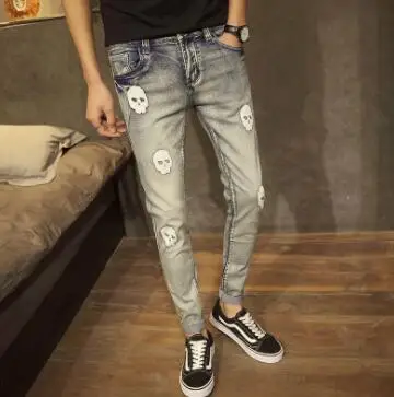Мужские Джинсы Стрейчевые рваные мужские байкерские джинсы с мультяшным