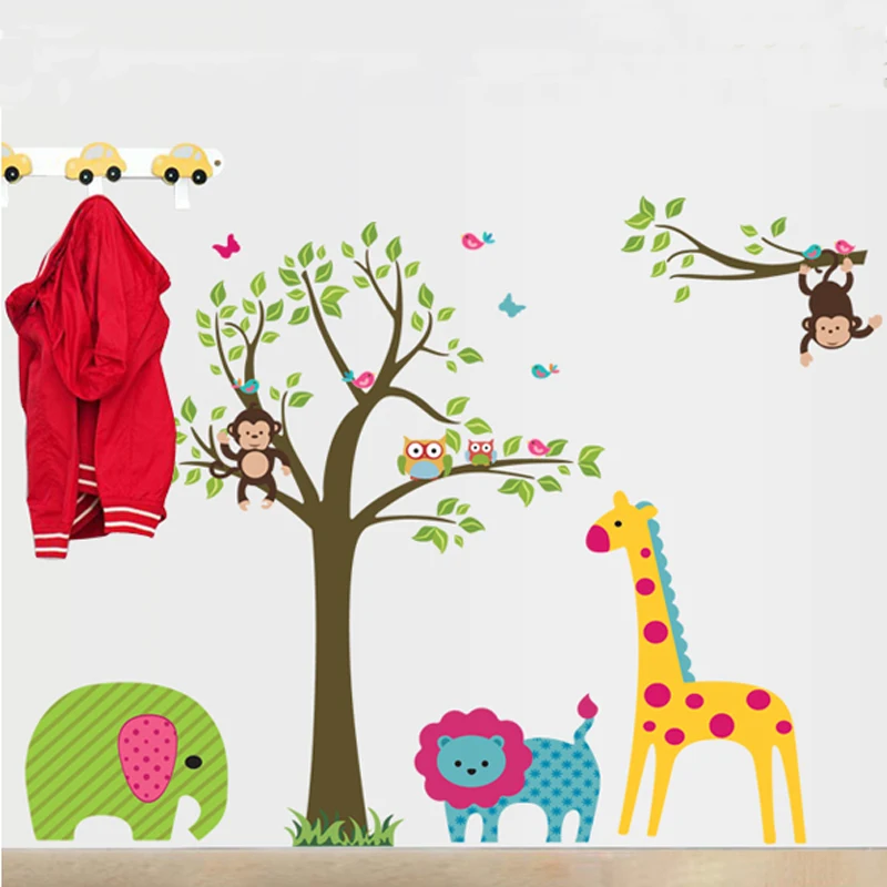 Детская комната настенные наклейки с картинками животных, съемные, милые, лесные, наклейки с жирафом на дереве для декора детской спальни дома.