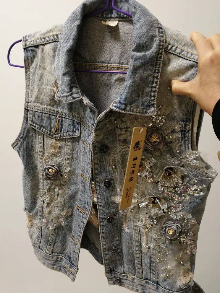 

Sequins Diamond beading women's denim vest outerwear female appliques with flowers beading frayed college style outerwear wq1663