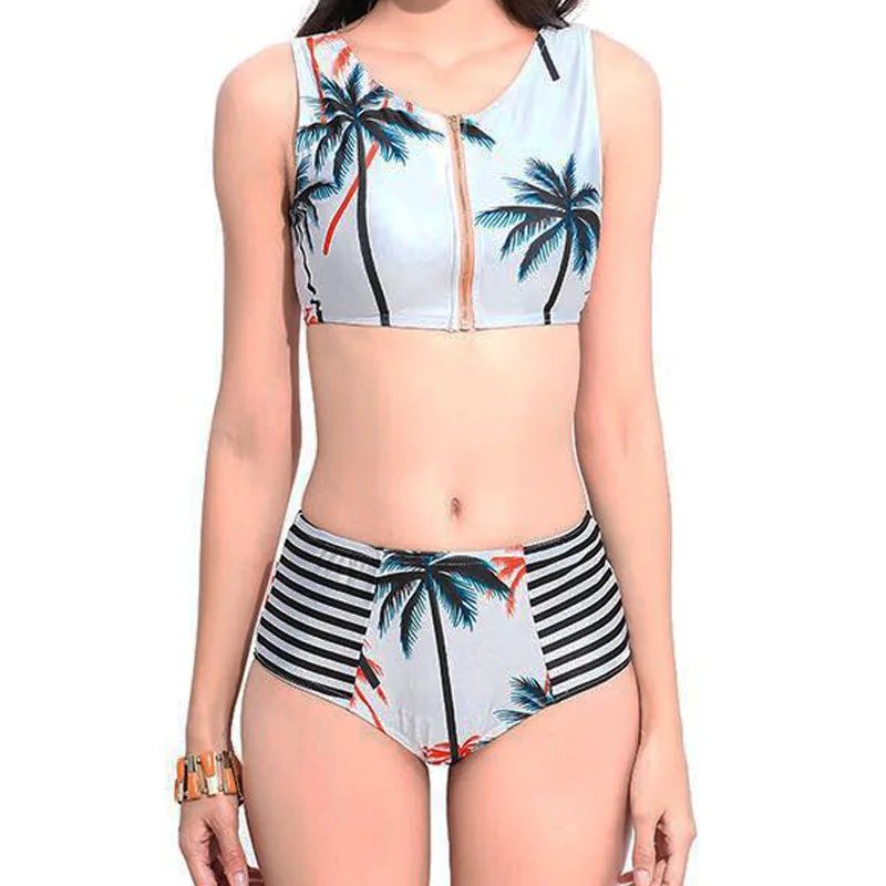 Women 2018 Zipper Coconut Tree Print Bikini Set Push Up Beach Summer High Waist Bikinis Swimwear Biquini Bathing Suit | Женская одежда