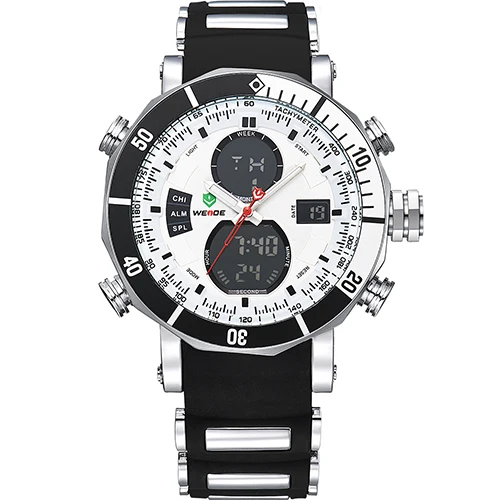 White WEIDE Мужские Наручные Часы ЖКД Будильник Резиновый Ремешок Кварцевый Механизм Задняя Подсветка Секундомер Автоматическая Дата Двойной Дисплей Хронограф Цифровые Спортивные Электронные Армейские Часы - Цвет: White