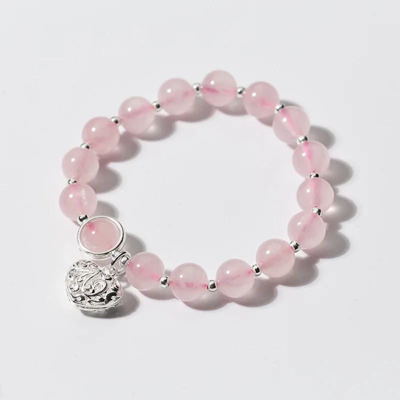Real. 925 Sterling Silver Natural Pink strawberry quartz &amp Love Heart lucky beads charms Bracelet FLORAL GTLS770 | Украшения и